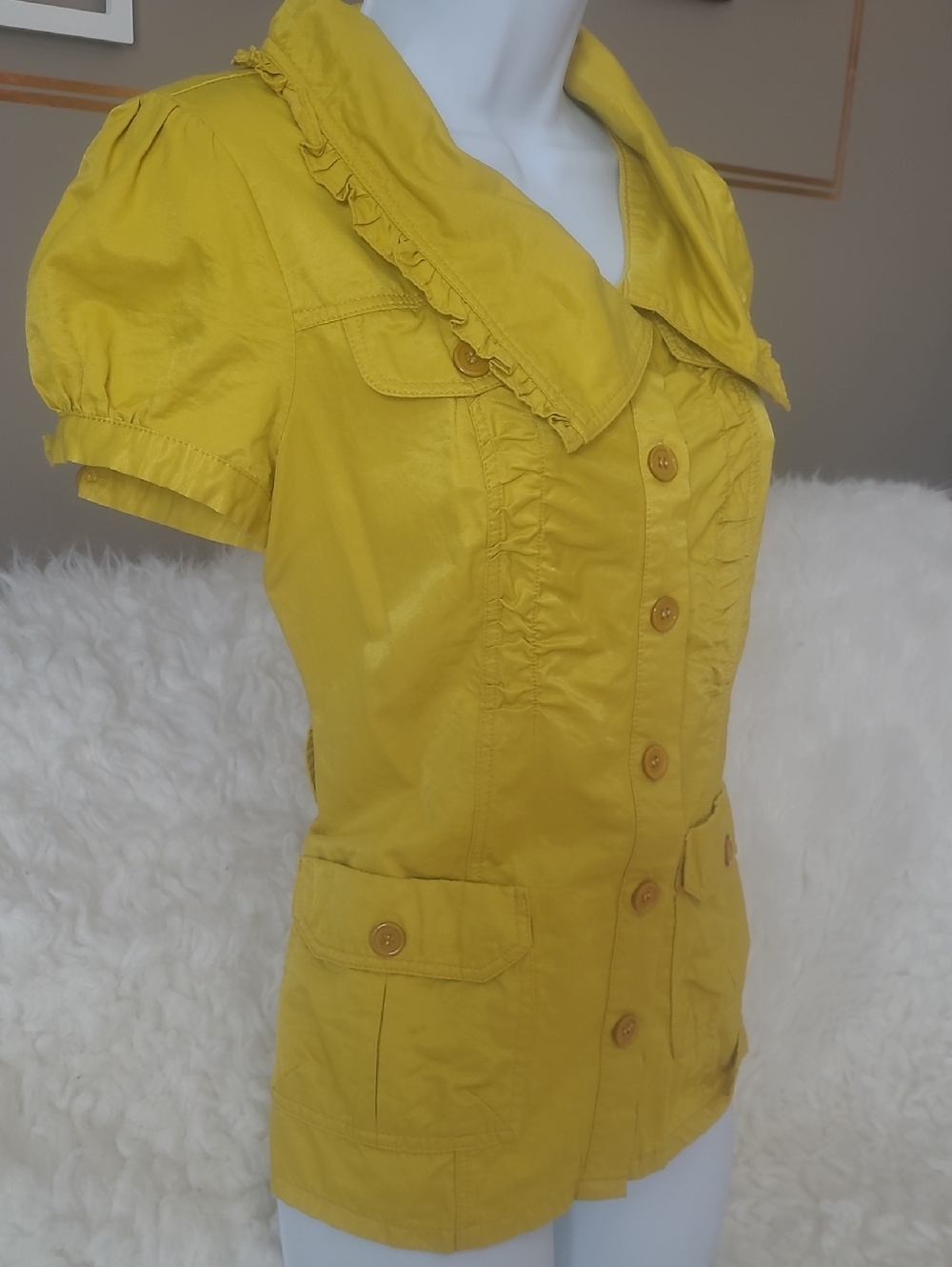 Yellow Ruffle-Trim Button Front Women’s Top - Picture 3 of 7